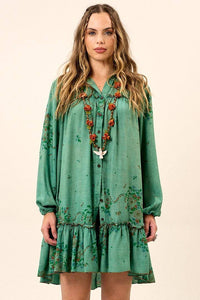 Vestido Chemise Curto Com Mangas Longas Bufantes Verde Estampado Yacamim