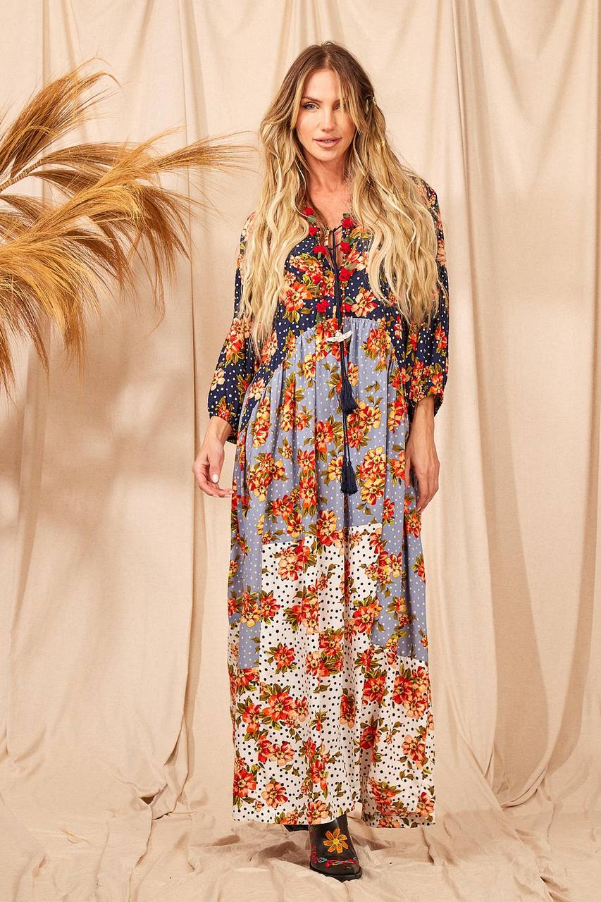 Vestido Longo Com Mangas Longas Bufantes Patchwork Yacamim D6