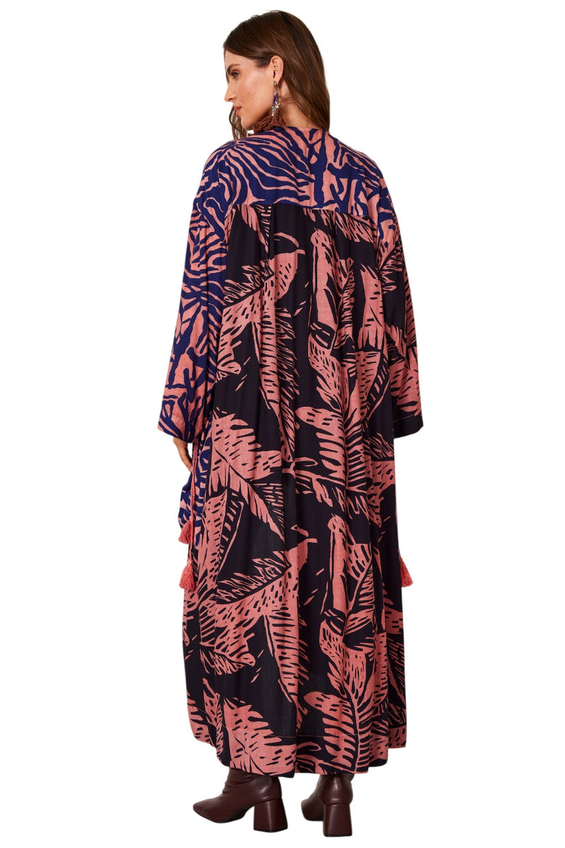 Kimono Longo Preto E Rosa Estampado Yacamim J6