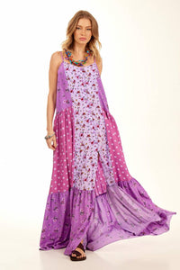 Vestido Longo De Alças Reguláveis Roxo Patchwork Yacamim