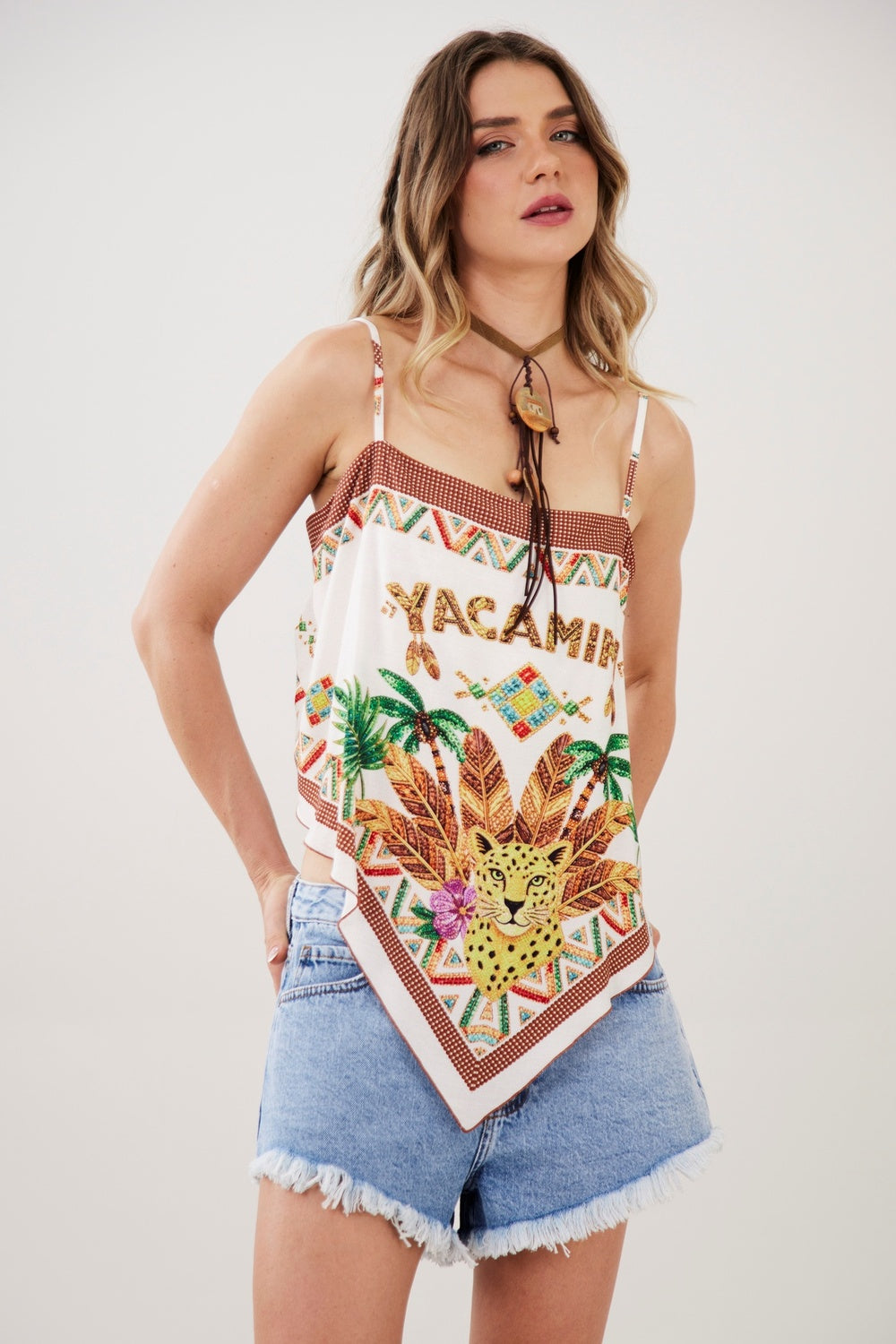 Cropped Lenço Bege Estampa Exclusiva Yacamim F2