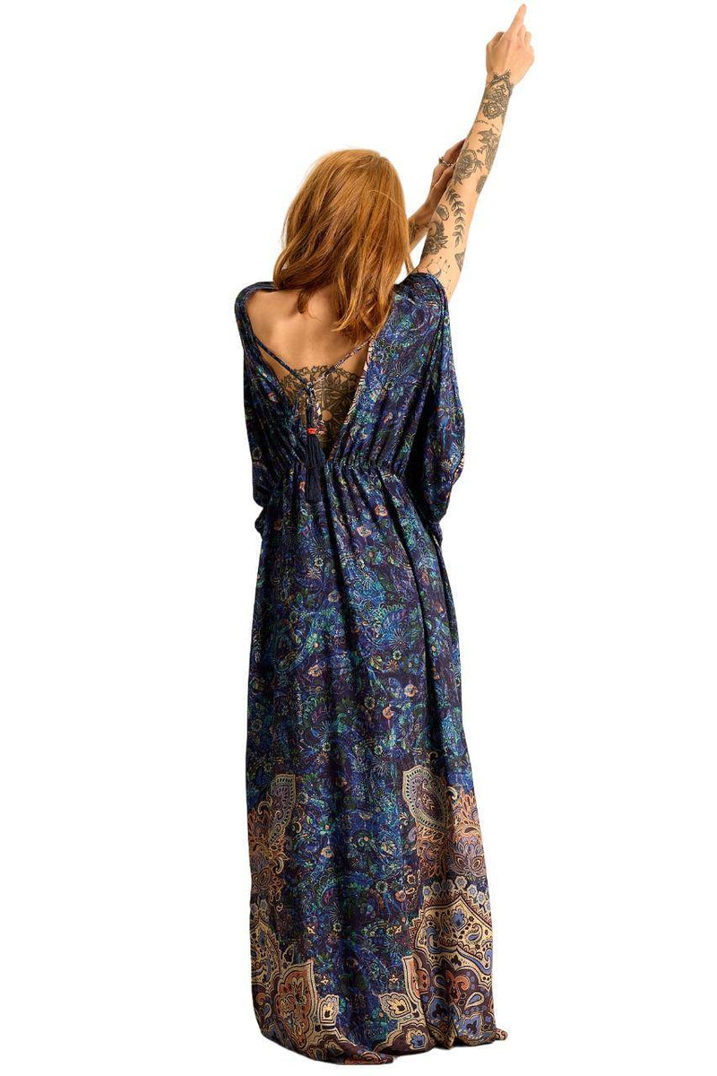 Vestido Longo Com Decote V Azul Estampa Paisley Yacamim