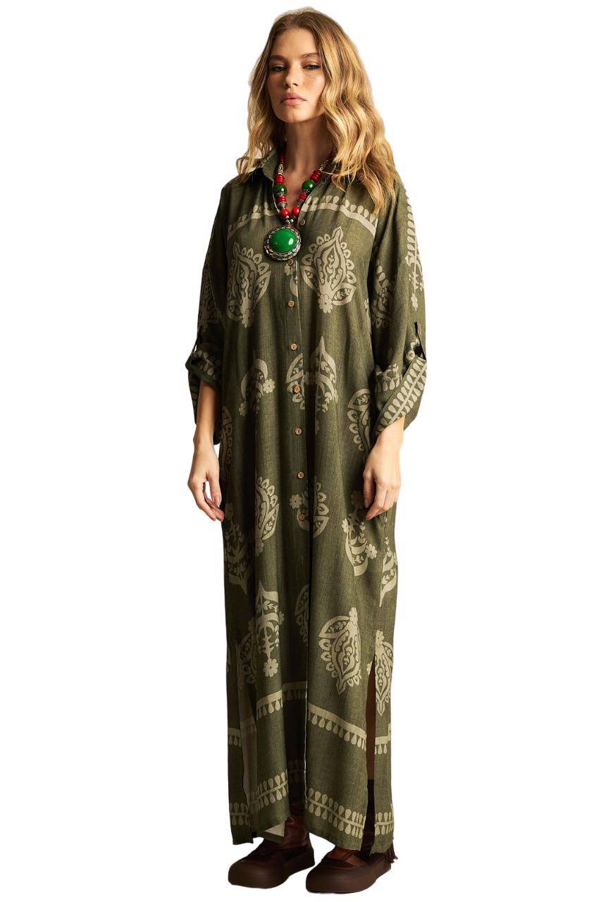 Chemise Longa Com Mangas Longas Verde Escuro Estampado Yacamim N8