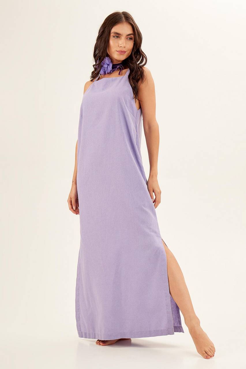 Vestido Longo De Linho Alças Roxo Claro Yacamim