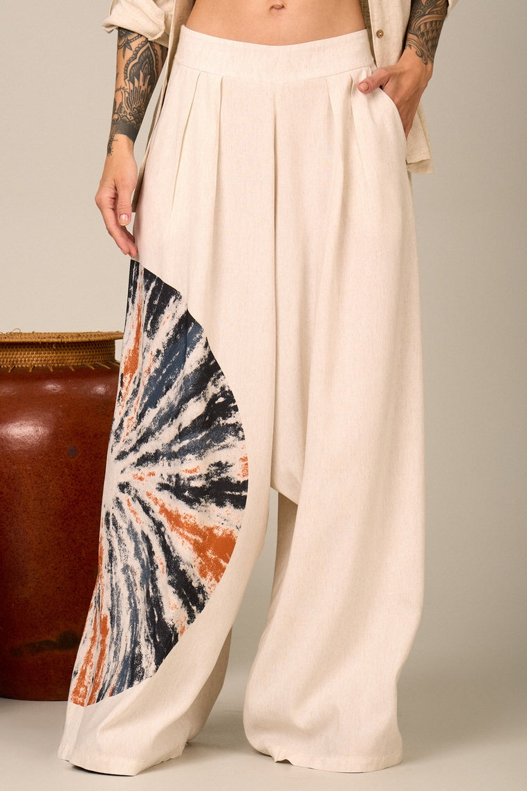 Calça Saruel De Viscolinho Bege Estampa Mandala Yacamim H5