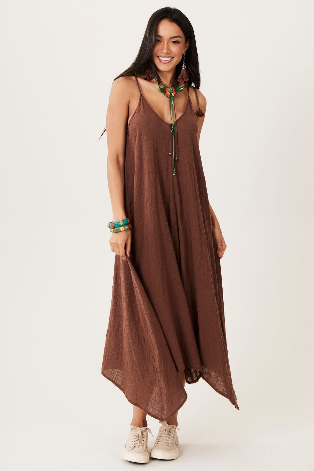 Vestido Longo Gaze Marrakesh 100% Algodão Marrom Yacamim C1