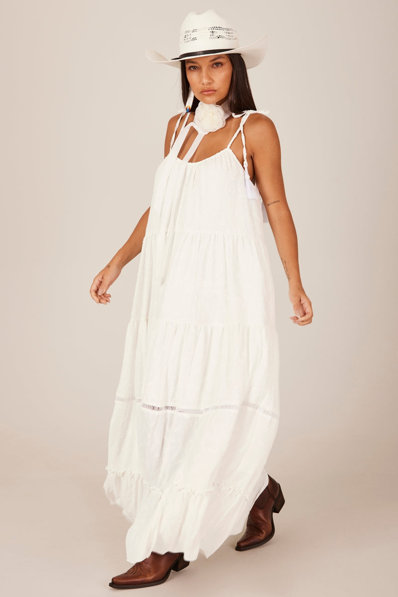 Vestido Longo Com Alças De Amarrar Branco Yacamim D26