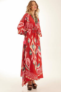 Kaftan Longo Com Túnel Na Cintura Vermelho Estampado Yacamim