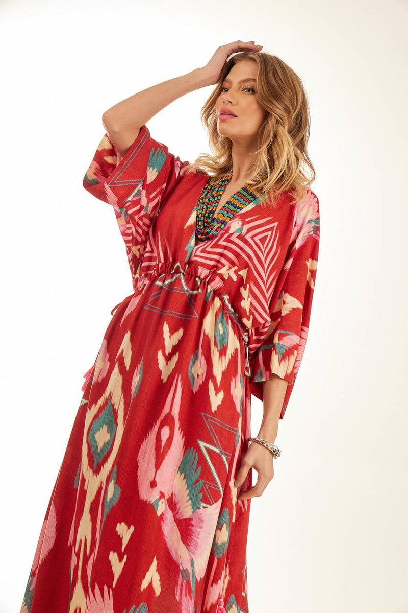 Kaftan Longo Com Túnel Na Cintura Vermelho Estampado Yacamim