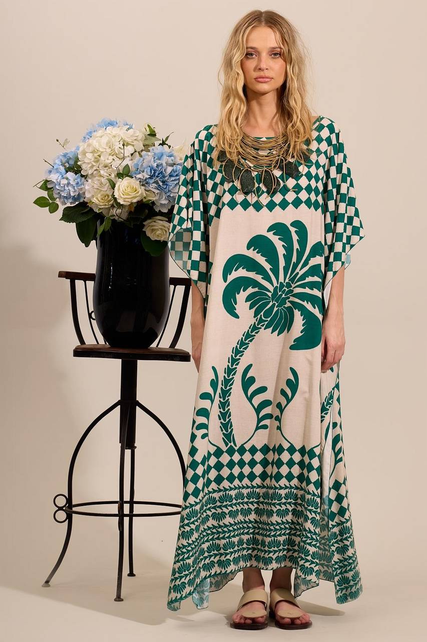 Kaftan Amplo Longo Decote Canoa Verde Estampado Yacamim J2