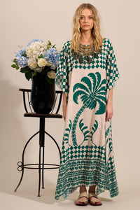 Kaftan Amplo Longo Decote Canoa Verde Estampado Yacamim J2