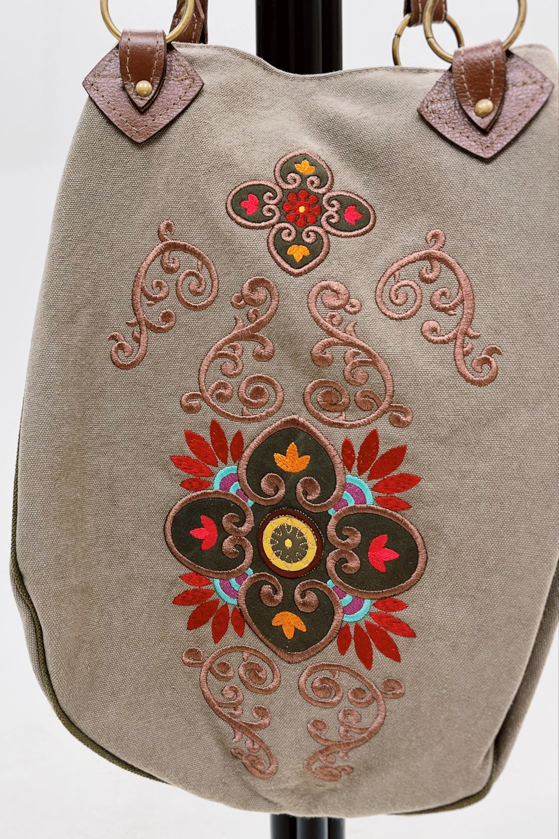 Bolsa De Lona Grande Artesanal Com Bordados Yacamim #776