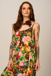 Vestido Longo De Alças Reguláveis Marrom Floral Yacamim C16