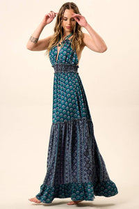 Vestido Longo Com Decote Cortininha Com Lastex Azul Patchwork Yacamim C19