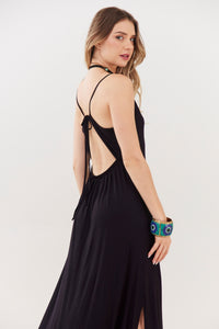 Vestido Longo Com Fendas Laterais Preto Yacamim C26