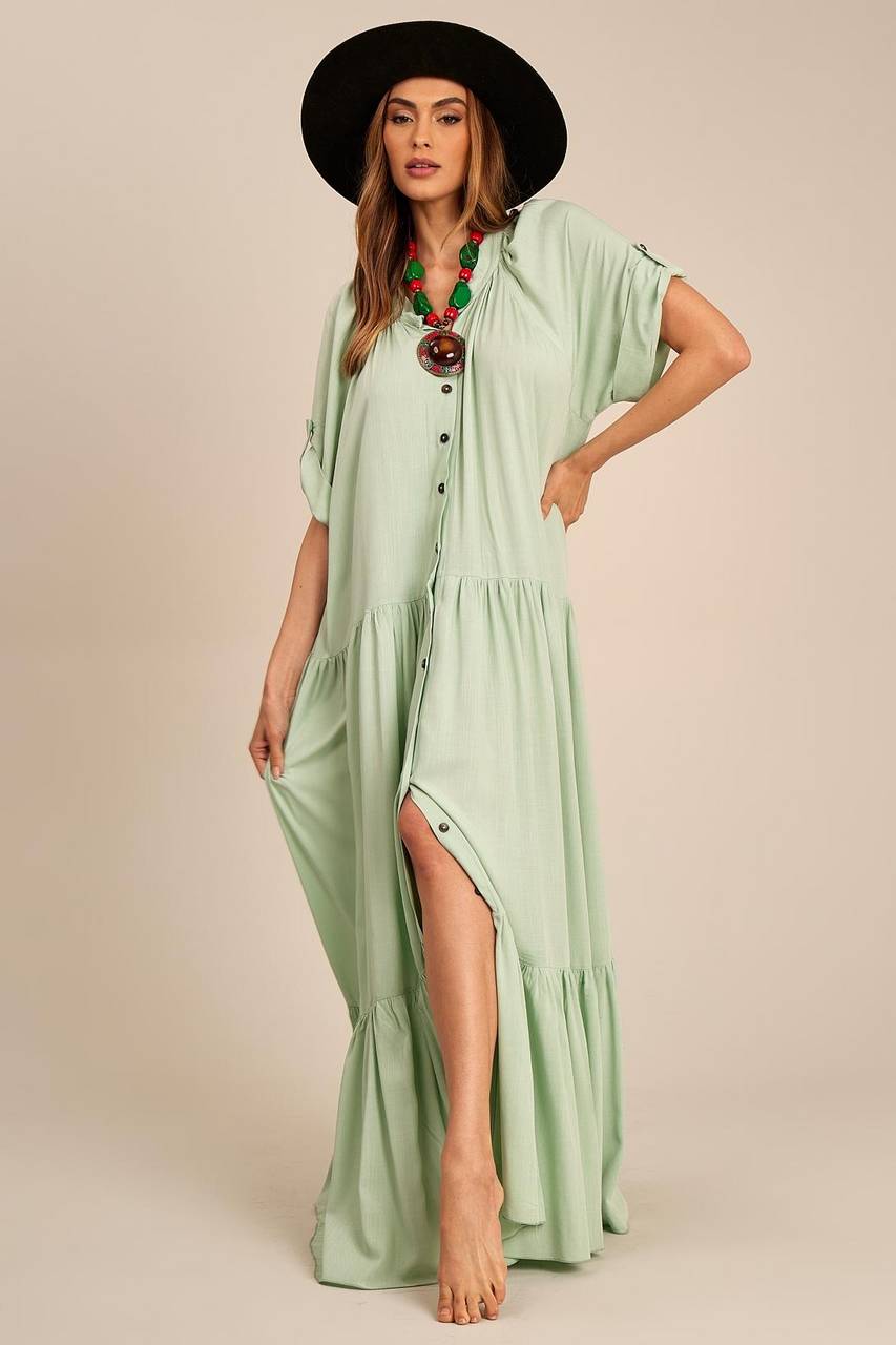 Vestido Chemise Longo Verde Menta Yacamim