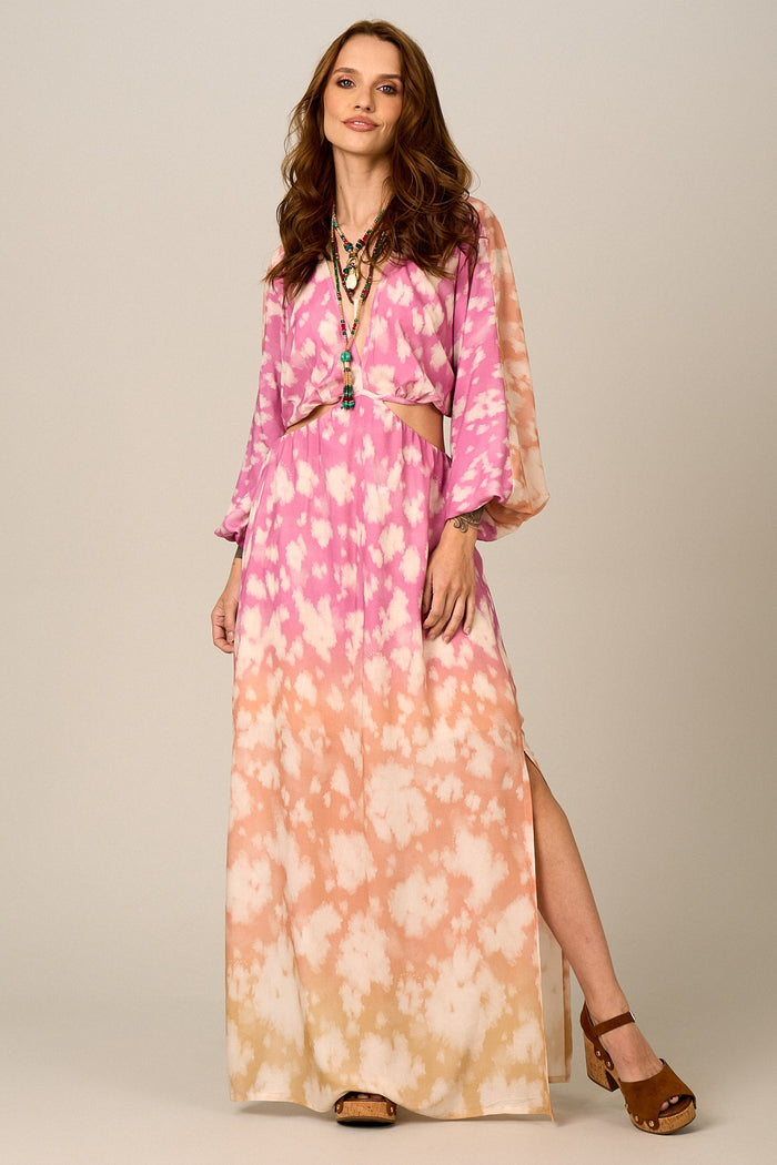 Vestido Longo Vazado Tie Dye Rosa E Laranja Yacamim C17