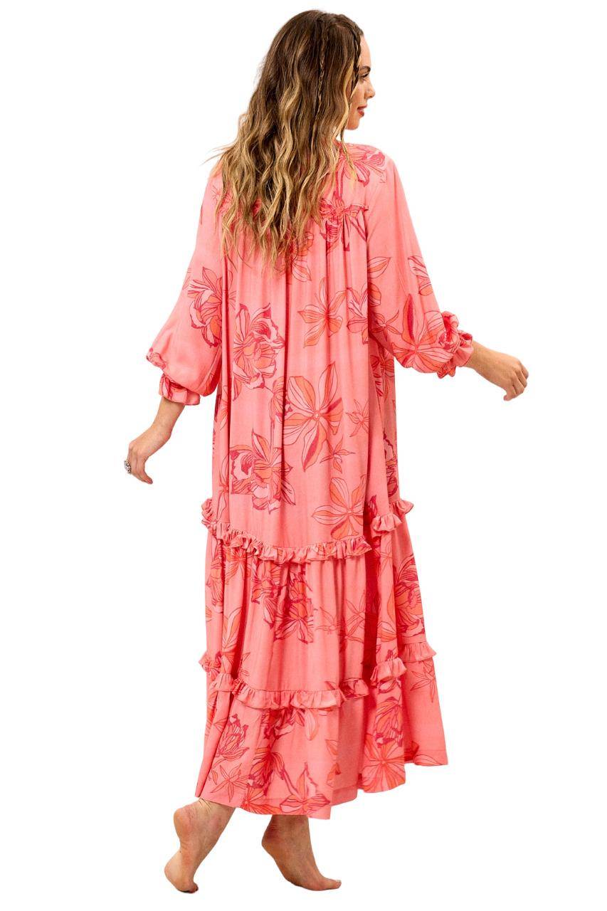 Vestido Chemise Midi Com Mangas Longas Rosa Estampado Yacamim E15