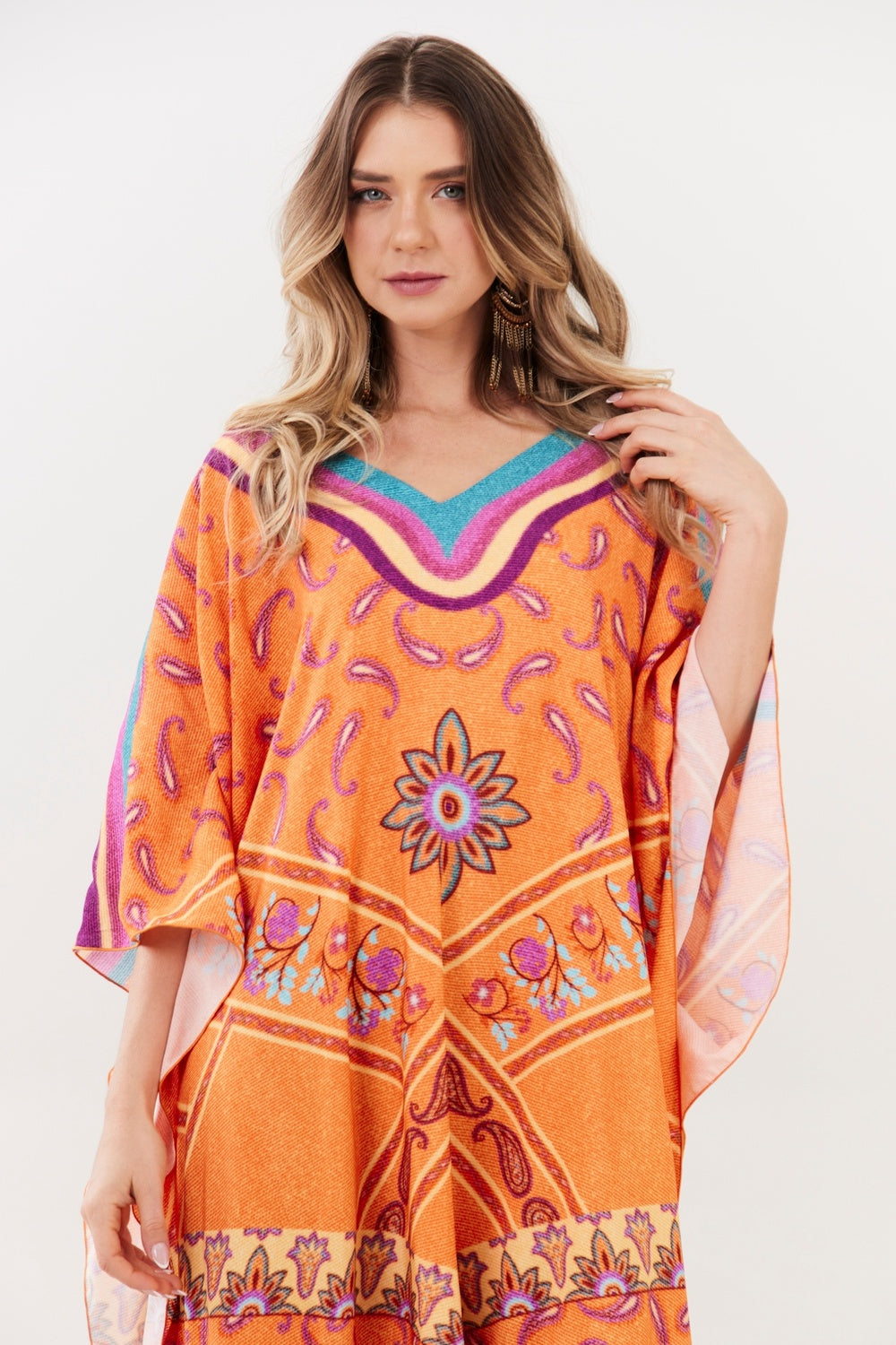 Kaftan Midi Com Decote Em V Yacamim I4