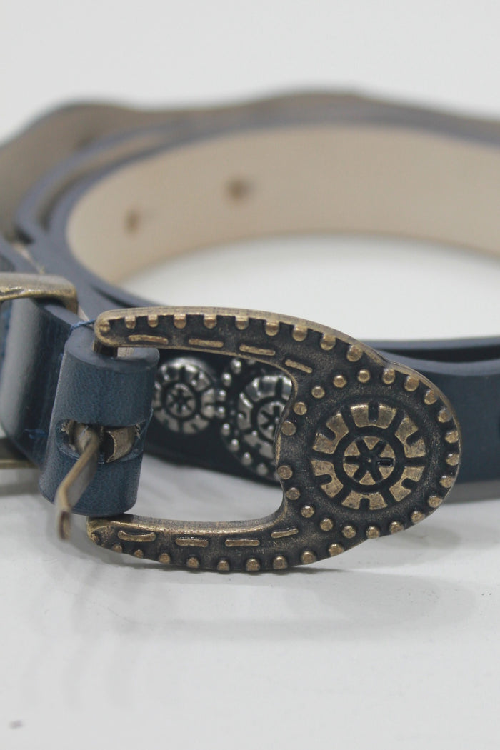 Cinto De Couro Azul Marinho Com Fivela Ouro Velho Yacamim #667