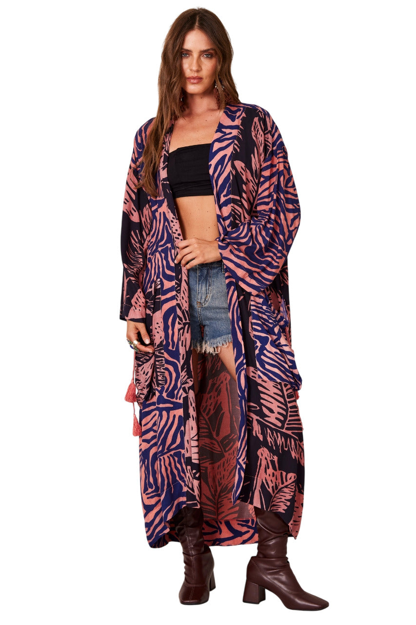 Kimono Longo Preto E Rosa Estampado Yacamim J6