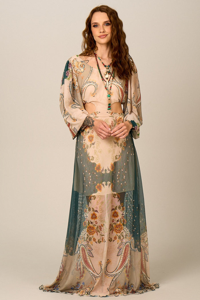 Vestido Longo De Tule Verde E Bege Estampa Paisley Yacamim E23