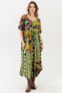 Vestido Midi Verde Estampado Patchwork Yacamim E27