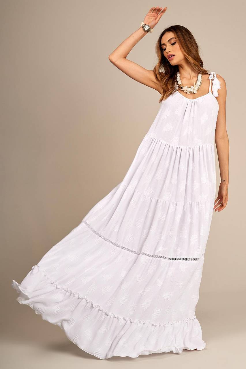 Vestido Longo De Alças Com Entremeios E Babados Branco Yacamim C18