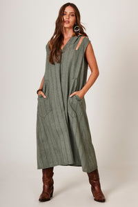 Vestido Midi De Linho Regata Com Capuz Verde Listrado Yacamim C14