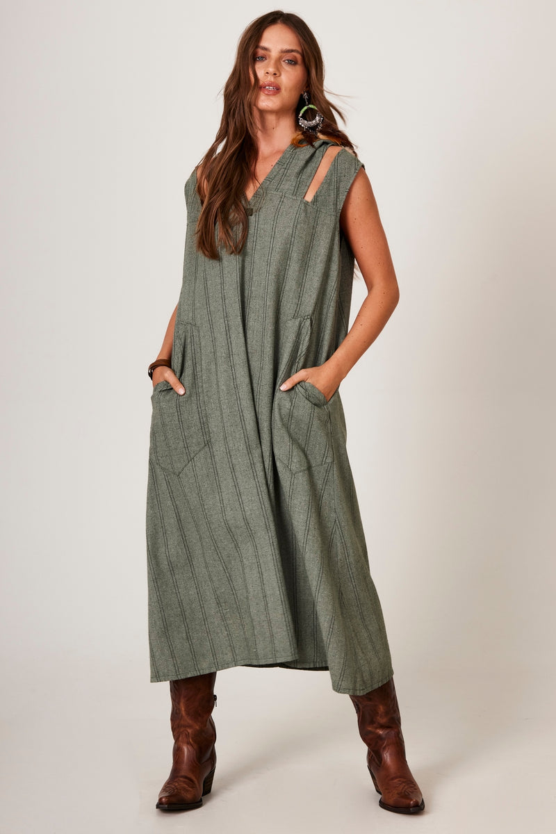 Vestido Midi De Linho Regata Com Capuz Verde Listrado Yacamim C14