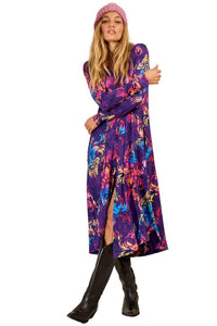 Chemise Midi Com Mangas Longas Justas Roxo Estampado Yacamim