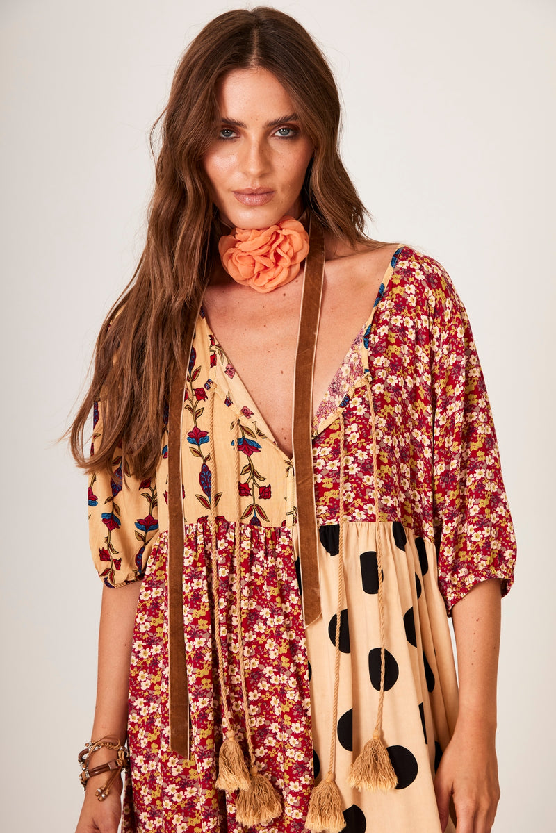 Vestido Midi Estampa De Poá Patchwork Marrom Claro Yacamim D15