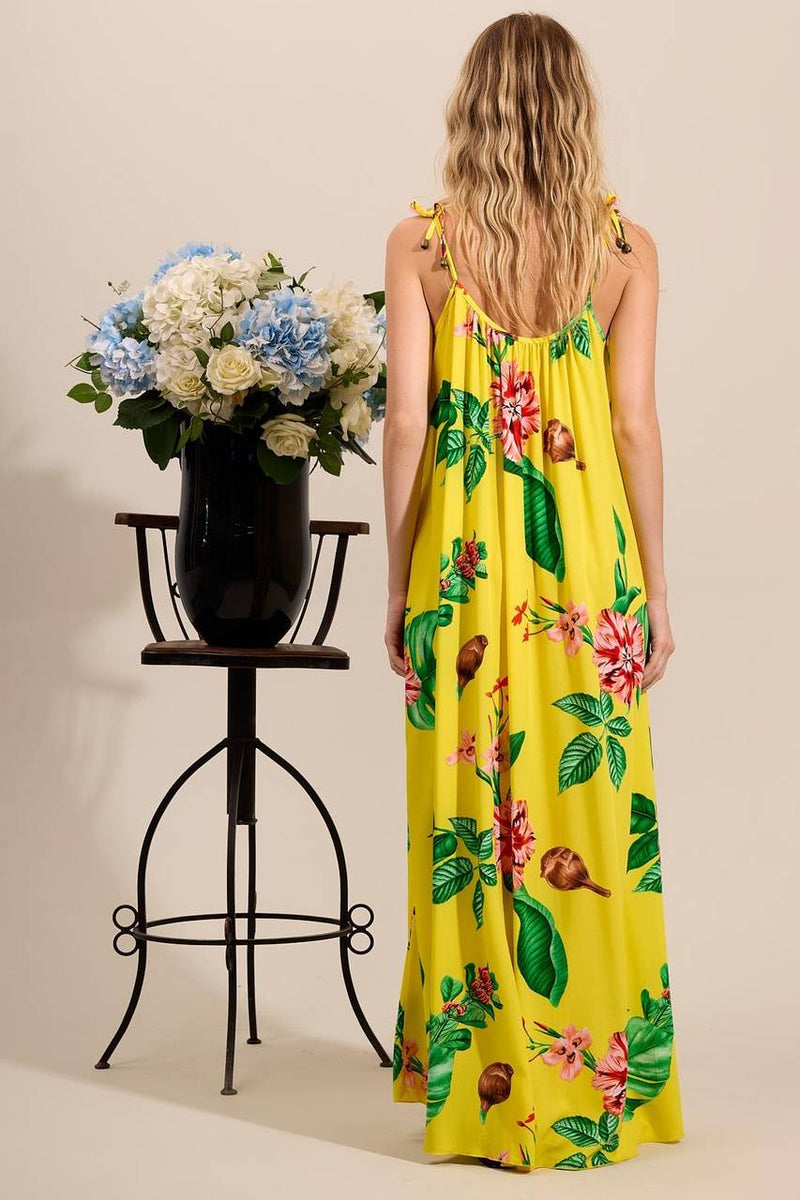 Vestido Longo Com Alças De Amarração Amarelo Estampado Yacamim D3