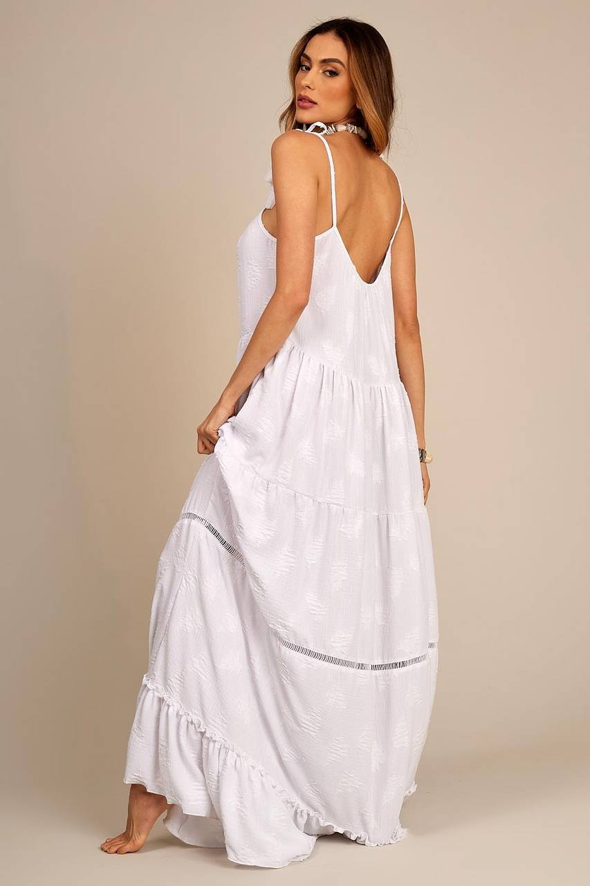 Vestido Longo De Alças Com Entremeios E Babados Branco Yacamim C18