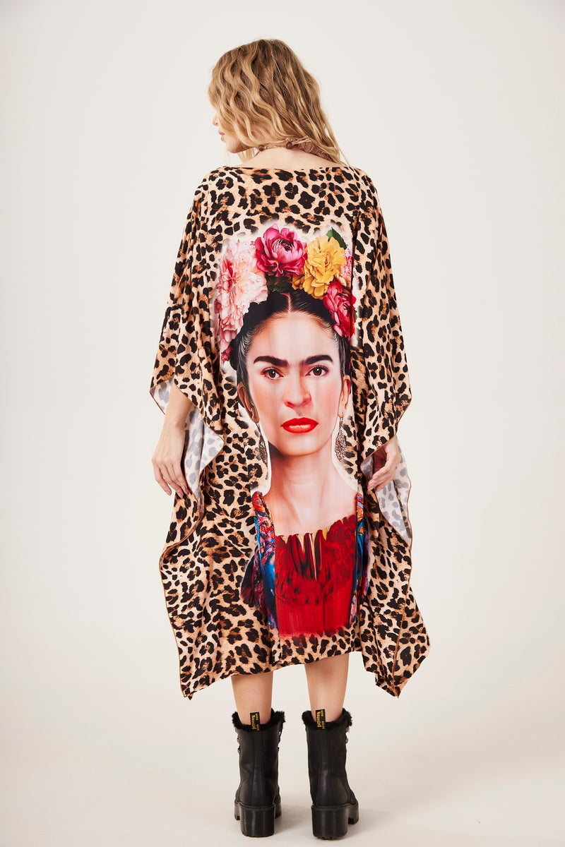 Kaftan Amplo Midi Animal Print Frida Kahlo Yacamim T6