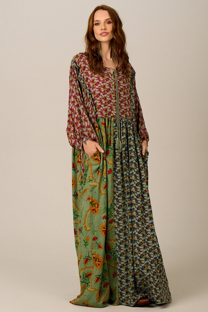 Vestido Longo Amplo Verde Estampado Patchwork Yacamim C19