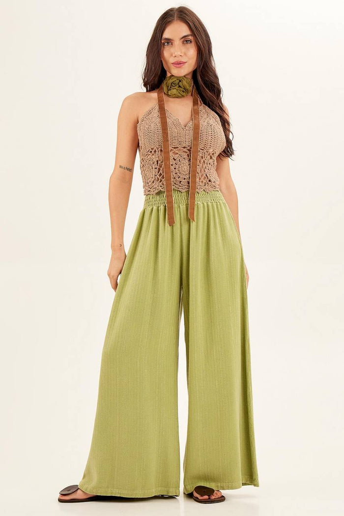 Calça Pantalona De Cintura Alta Com Bolsos Nas Costas Maçã Verde Yacamim