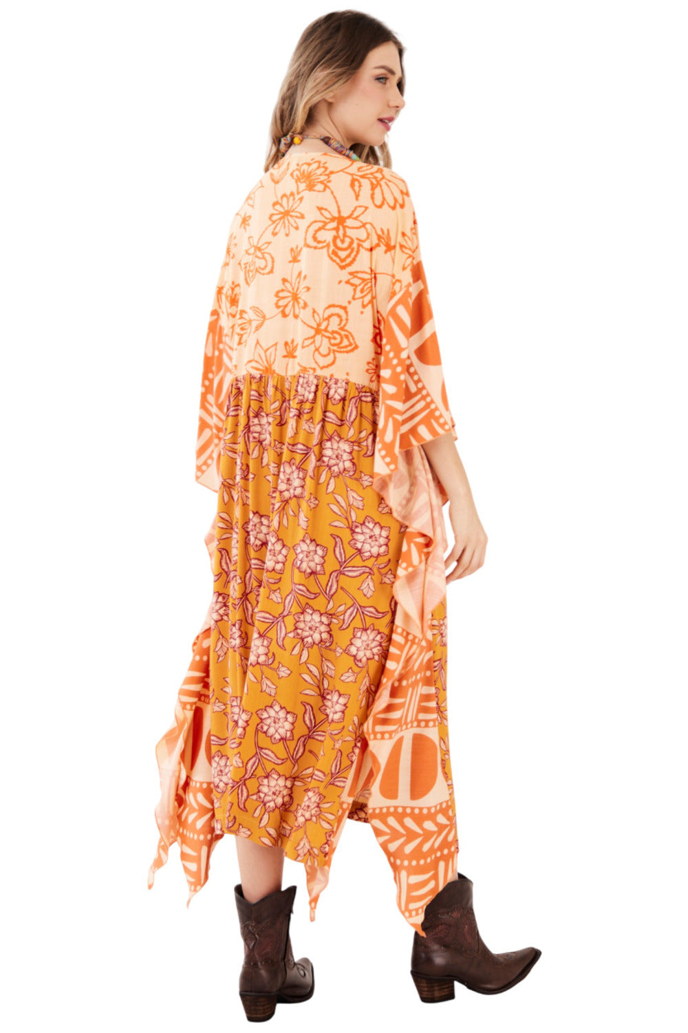 Kaftan Midi Amplo Laranja Estampado Patchwork Yacamim S10