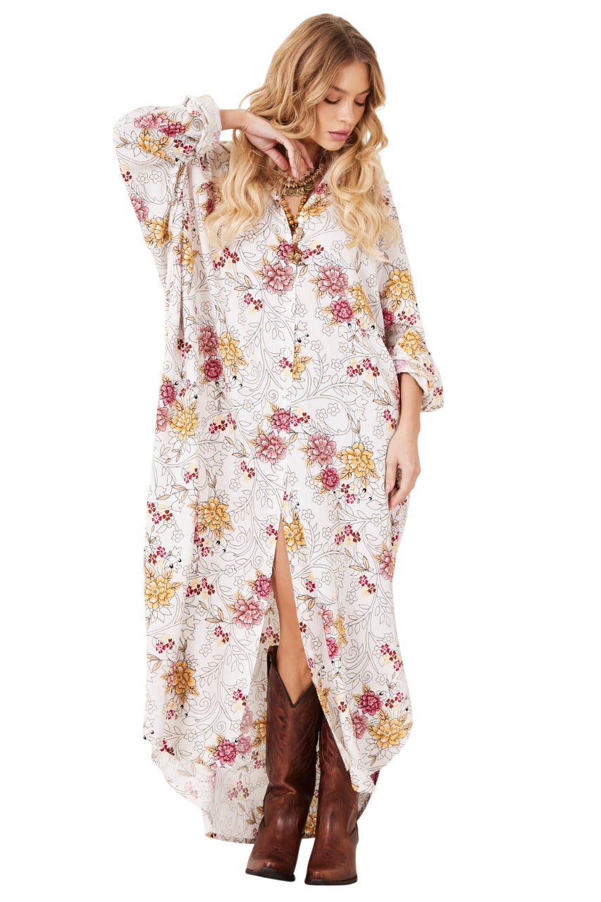 Chemise Longo Amplo Off White Estampa Floral Yacamim N2