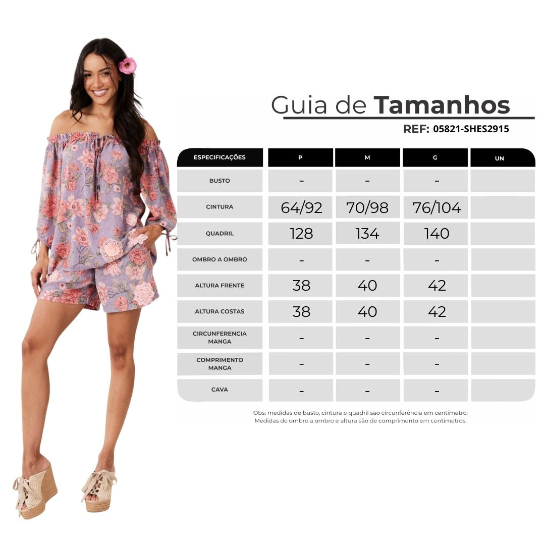 Shorts Inhotim 100% Algodão Com Flores Bordadas Floral Lilás Yacamim A10