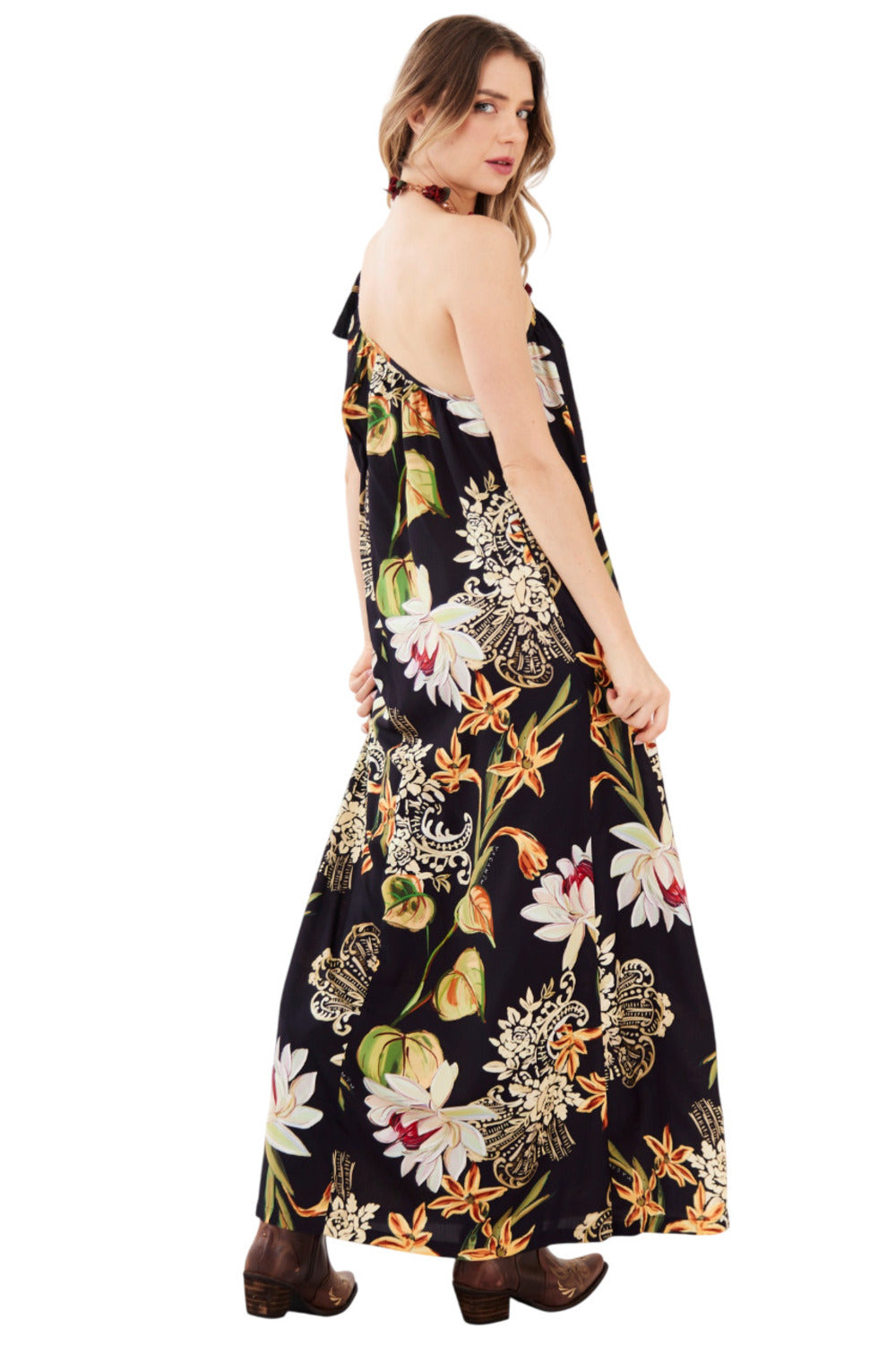 Vestido Longo Frente Única Preto Estampado Yacamim E20