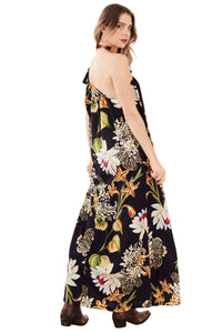 Vestido Longo Frente Única Preto Estampado Yacamim E20