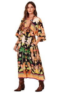 Kaftan Midi Preto E Laranja Estampa Tropical Yacamim J5