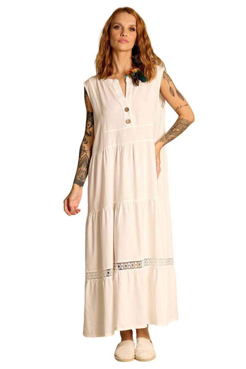 Vestido Midi De Linho Sem Mangas Branco Yacamim D4