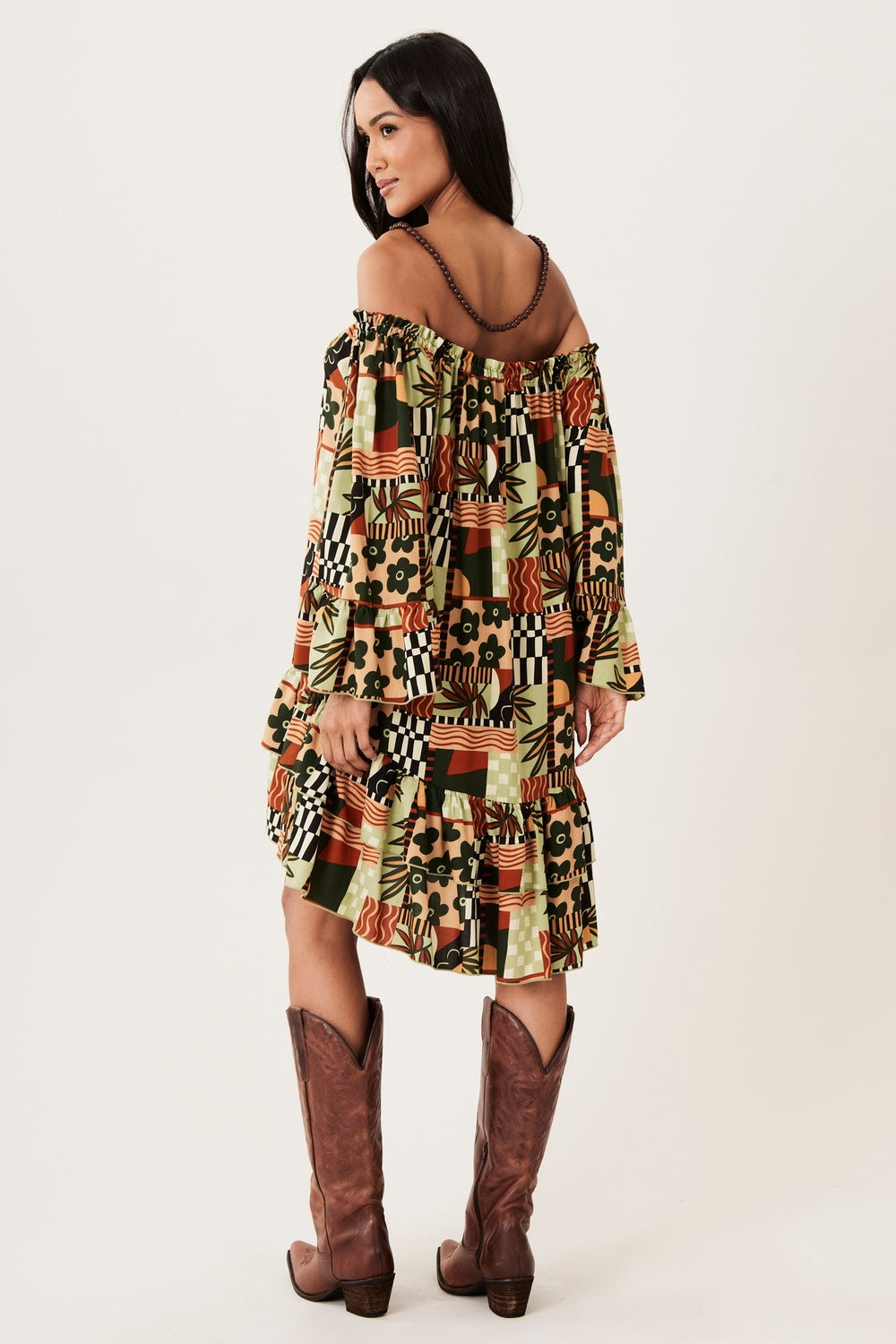 Vestido Curto Ciganinha Com Mangas 3/8 Verde Estampado Yacamim D20