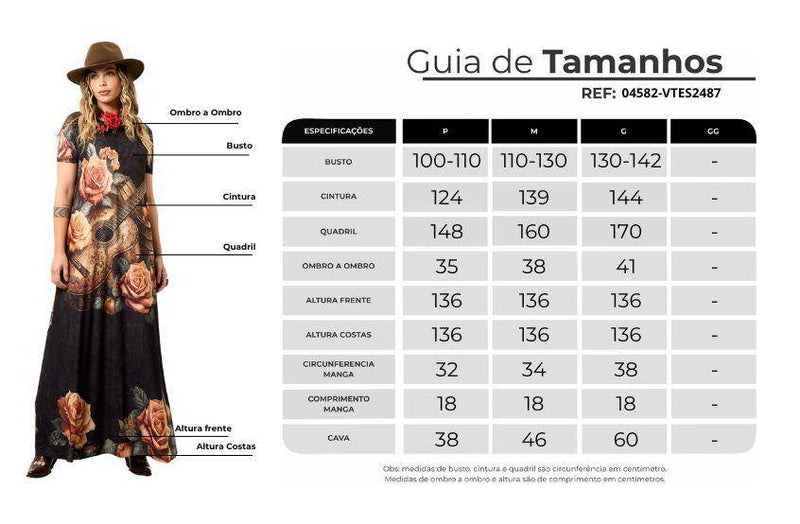 Vestido Longo De Mangas Curtas Grafite Estampa De Violão Yacamim