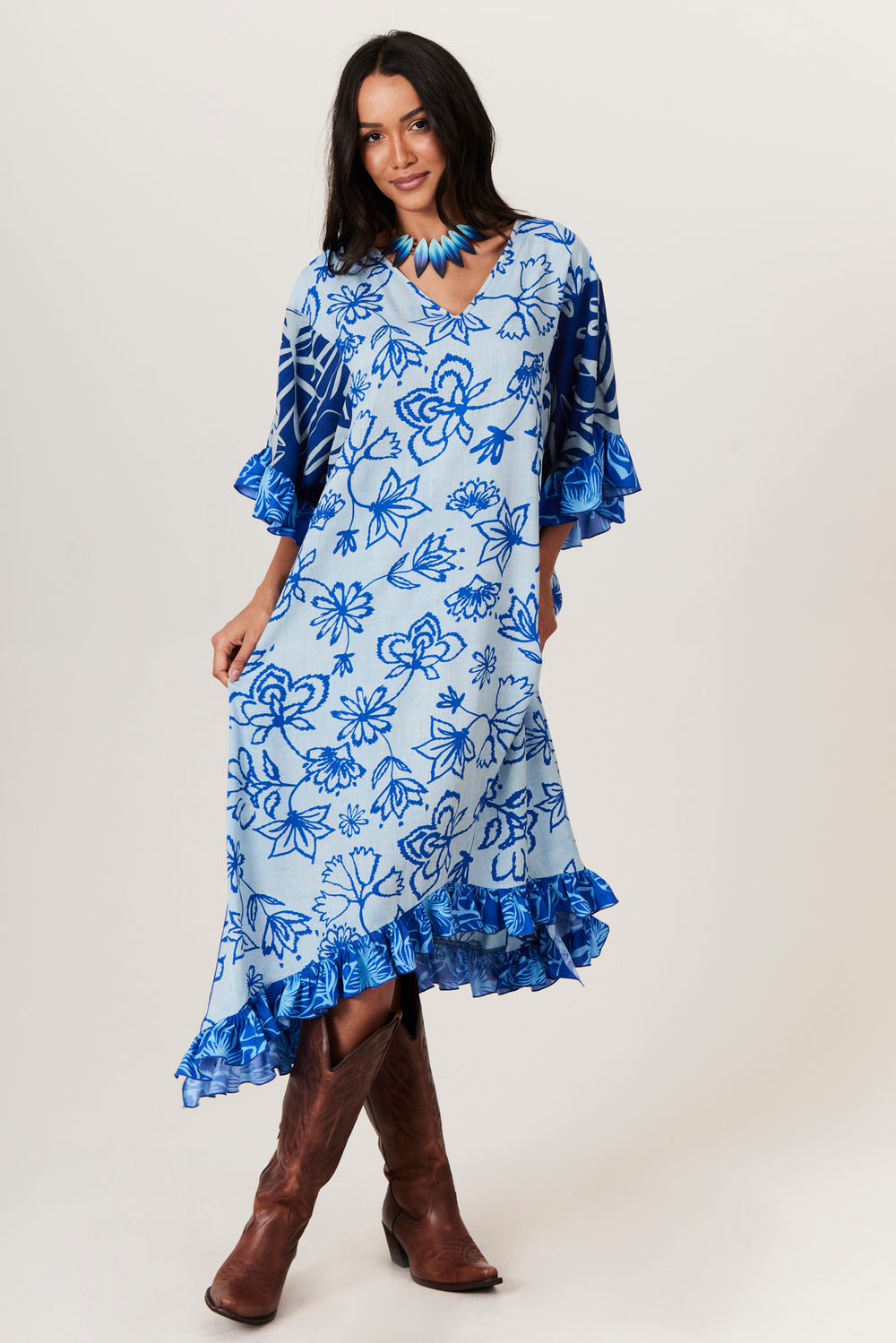 Kaftan Amplo Com Decote Em V Azul Estampado Yacamim J4
