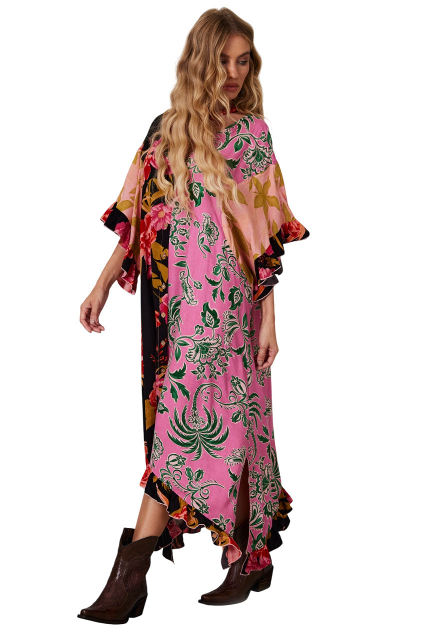 Kaftan Amplo Com Rosa Estampado Patchwork Yacamim J2