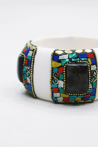 Pulseira Bracelete Largo De Cerâmica Com Pedras Yacamim #443
