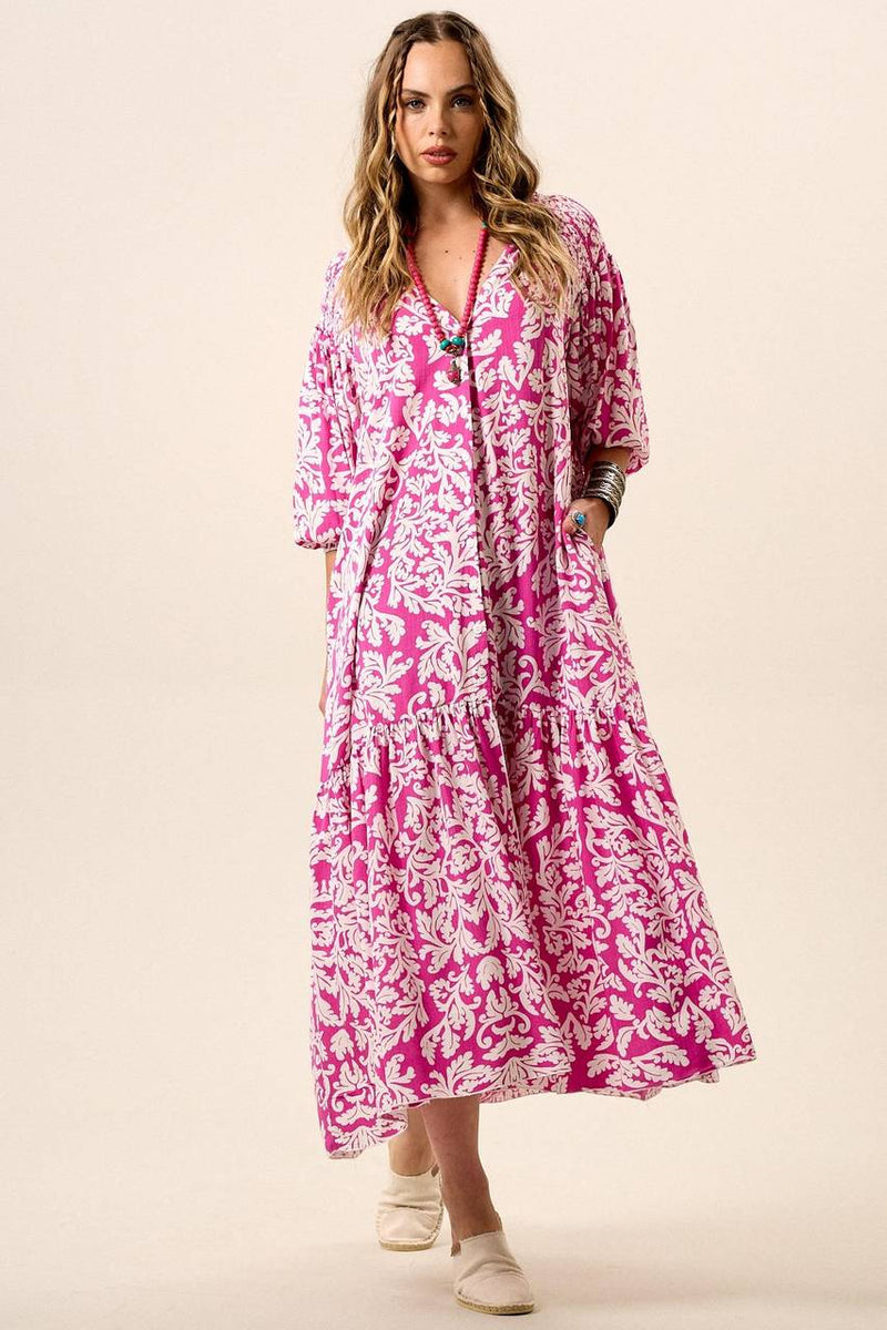 Vestido Chemise Longo Com Mangas 3/8 Raglã Rosa Estampado Yacamim